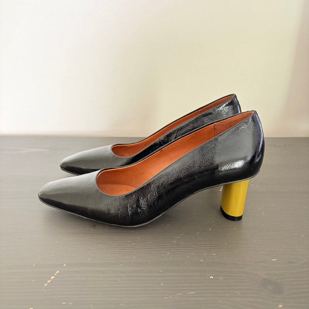 Ethem Pumps Block Heel 38 Black Patent Leather Made in Spain Mod Square Toe